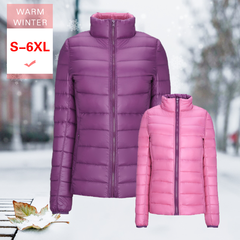 

New Winter Women White Duck Down Reversible Jacket Female Ultra Light both sides Jacket Big Size Warm Casual Coat Stand Collar, Black and purple
