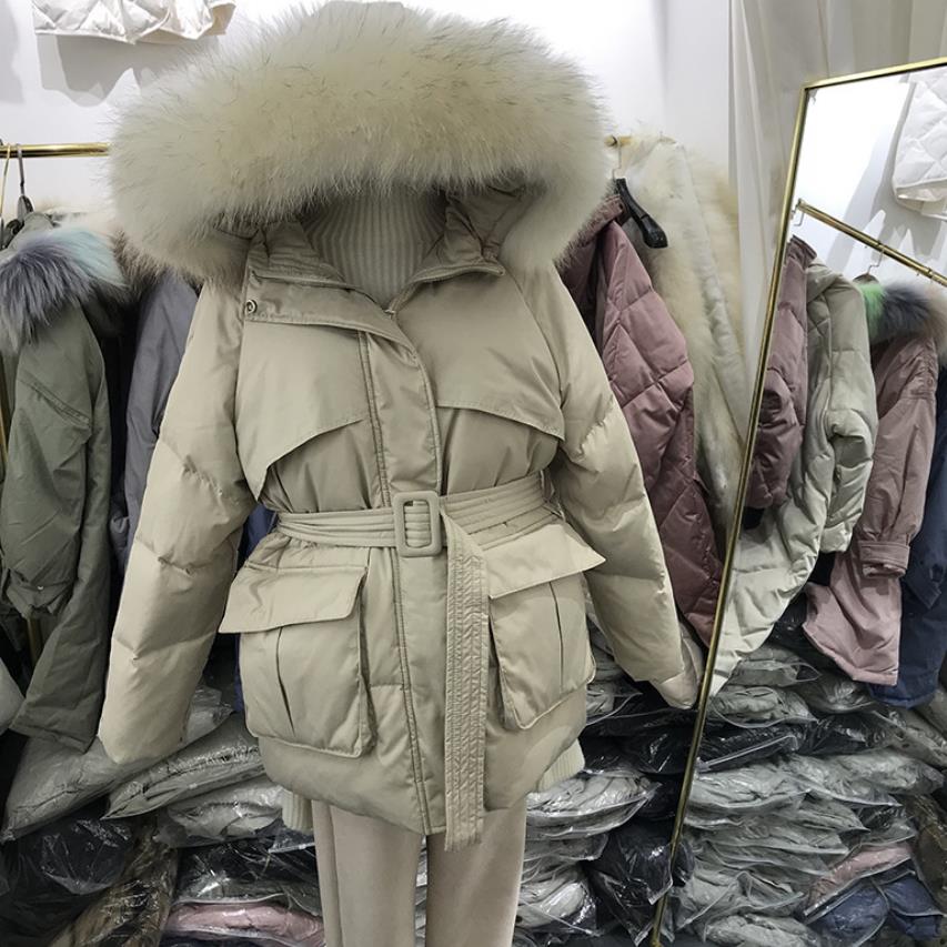 

New arrival big real fur collar hooded white duck down coats female winter big pocket thicker long warm down coat, Black