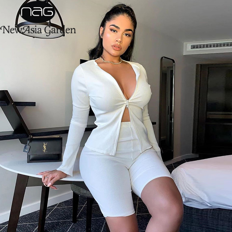 

NewAsia Garden Double Zipper Two Piece Set T Shirt And Shorts Women Ribbed O-neck Long Sleeves Slip Two Piece Outfits, White