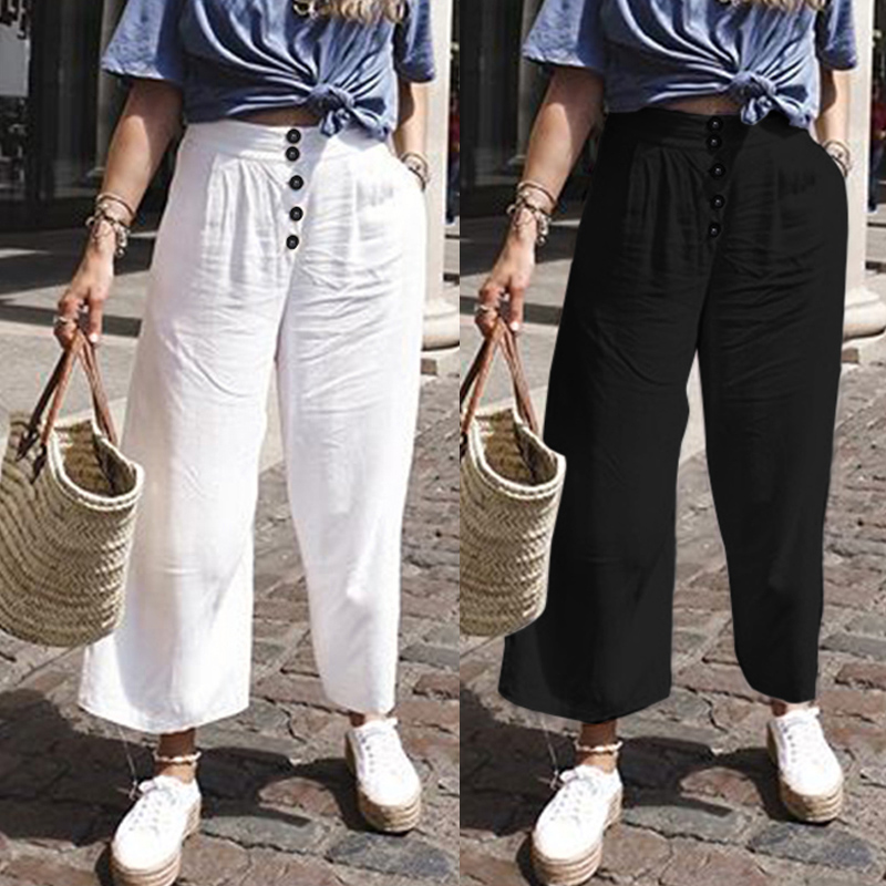 

2020 Cotton Linen Solid Long Pants Women Celmia Summer High Elastic Wasit Wide Leg Trousers Casual Pockets Bottoms Plus Size 5XL, Black