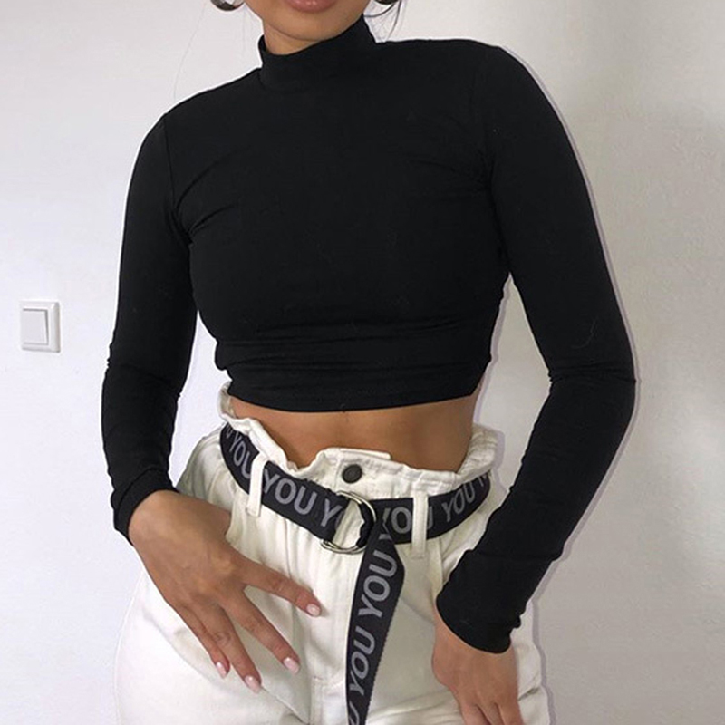 

Sensual Back Hollow Out Bandage Slim Fit Top Women 2020 Casual Turtleneck Harajuku Streetwear TShirt Top, Black