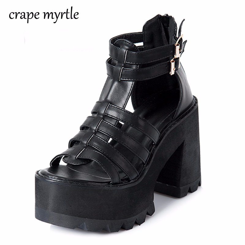 

chunky heel sandals punk shoes Sandals High Heels Platform Women Summer Shoes sandalias romanas women's YMA160, Black