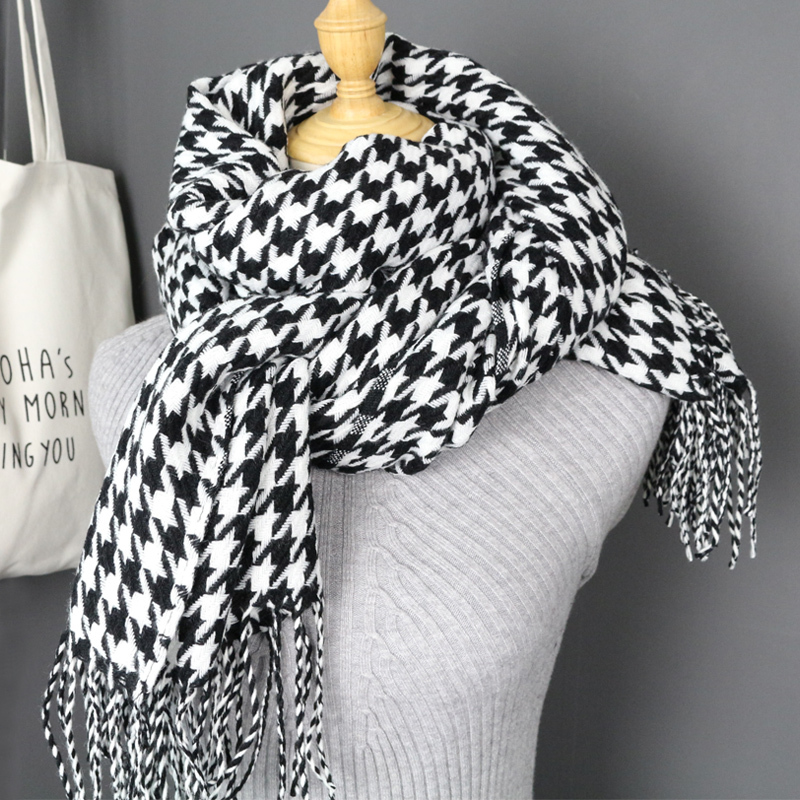 

women winter thick fashion soft warm lady cashmere white and black long houndstooth scarf with tassel Y200103