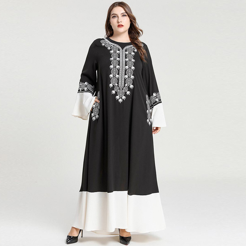 

Loose Oversized Muslim Dress Abaya Women Long Sleeve Embroidery Contrast Color Elegant Dress Plus Size Maxi Long Dresses