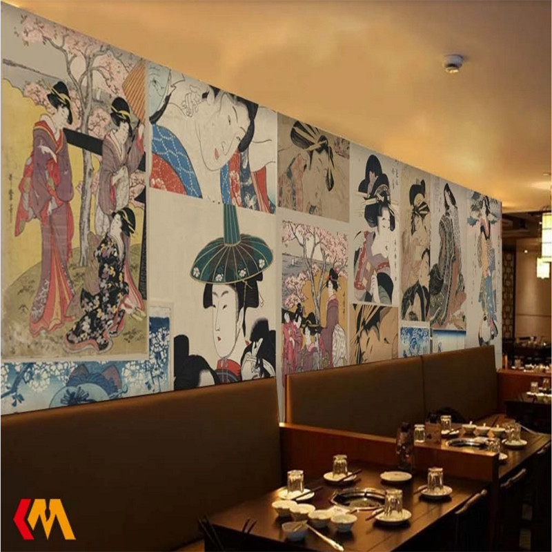 

Ukiyo-e Ladies Mural Wallpaper for Japanese Cuisine Store Sushi Restaurant Industrial Decor Retro Papel De Parede Wall Paper 3D, As pic