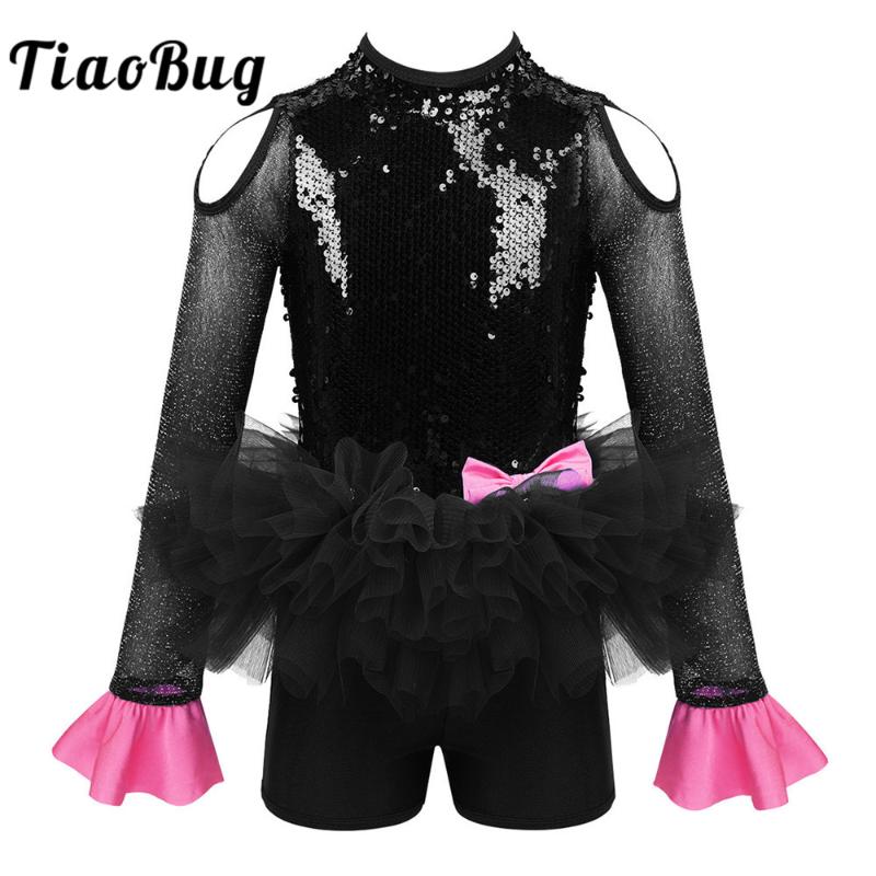

TiaoBug Kids Girls Long Sleeve Sequins Gymnastics Leotard Jumpsuit Tutu Ballet Dress Modern Jazz Stage Performance Dance Costume, Black
