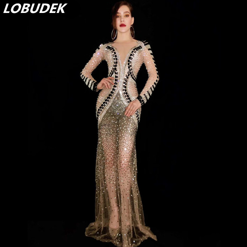 

Sexy See-through Silver Black Rhinestones Long Dress Women Birthday Party Evening Mesh Dress Prom Singer Host Models Catwalk Crystal Dresses, Picture color