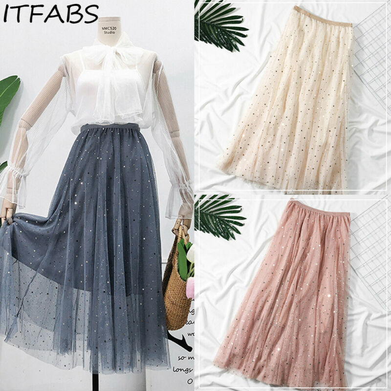 

New Women High Waist Pleated Skirt Long Skirt Swing Star Moon Tulle Dresses, Beige