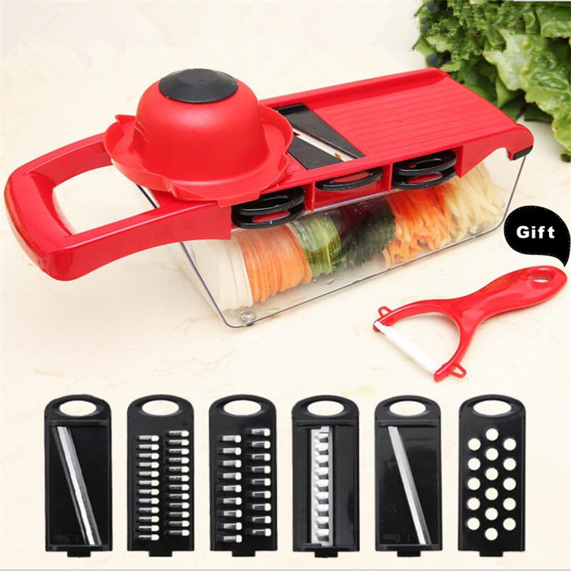 

6 Blades Mandoline Slicer Vegetable Cutter Potato Onion Carrot Grater Chopper With Manual Peeler Color Red Environment Friendly