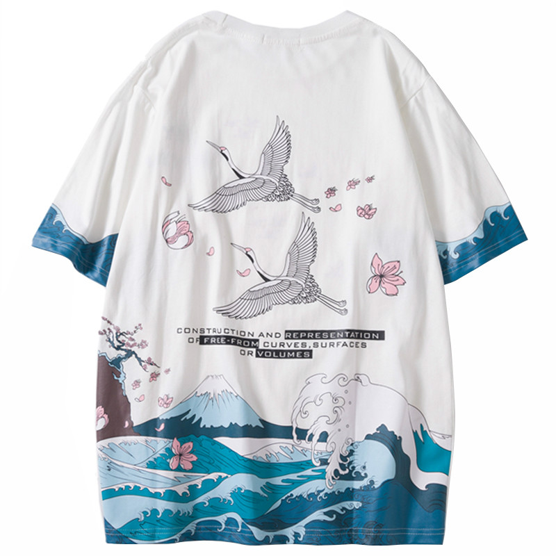 

Januarysnow Hip Hop T Shirt Men Streetwear Japanese Great Wave Tshirt Harajuku Crane Print Summer Short Sleeve T-Shirt Cotton Japan Tee, White