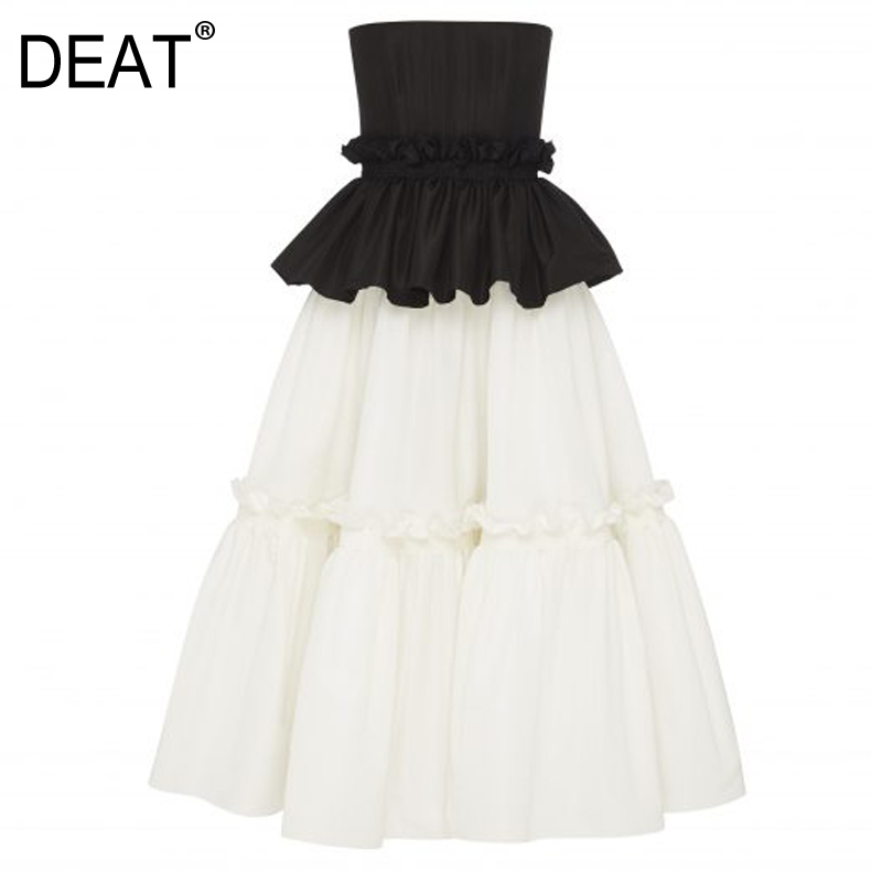 

DEAT] Women Patchwork Ruffles Pleated Temperament Dress New Strapless Sleeveless Loose Fit Fashion Spring Summer 2020 13S116, Black and white