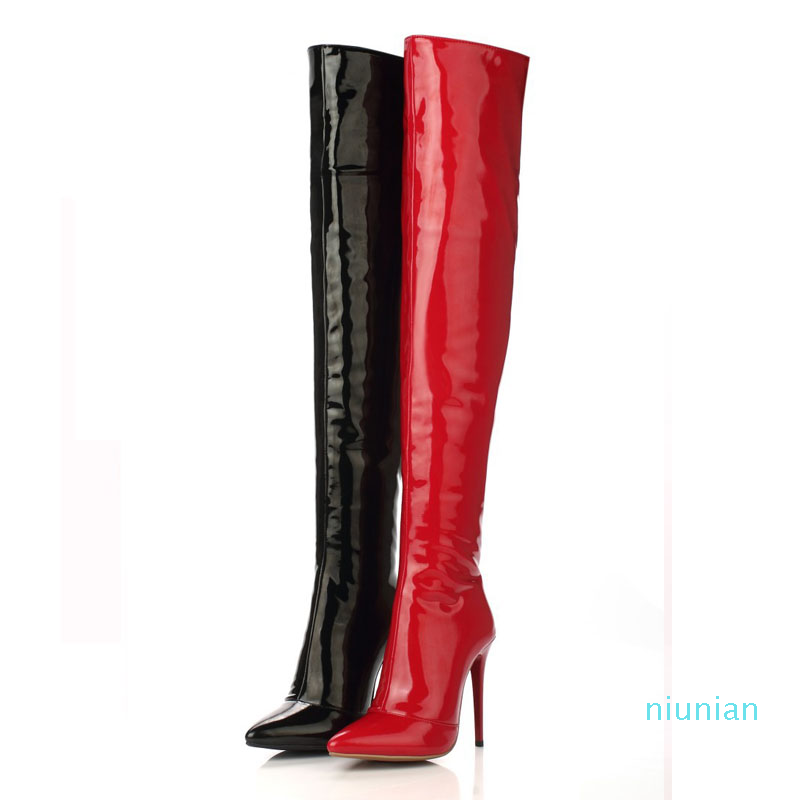 Vente chaude-Femmes Talons Hauts Bottes Sexy En Cuir Verni Talon Haut Sur Les Bottes Au Genou Pour Femmes Dames Pole Dancing Bottes Taille 35-43