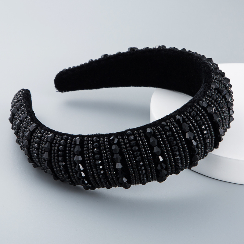 Straight ZA hair band women&#039;s high-end simple wide-brimmed handmade beaded sponge with black crystal headband-image-555456416