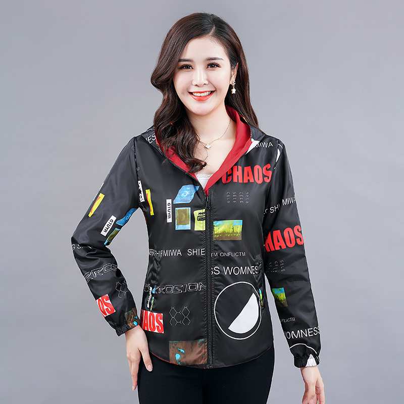 

Women's Fashion casual Both Two Sides Can Be Wore Print Jacket Feamle Hooded Slim Outwear Jackets Plus Size, Black
