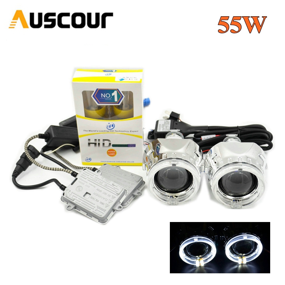 

bixenon hid Projector lens xenon kit day running angel eyes 55W 6000K AC xenon bulb ballast retrofit H1 H4 H7 car assembly kit