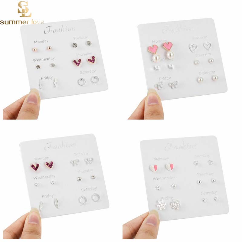 

One Week Earrings Set Lovely Star Leaf Heart Stud Earrings For Women Girls 6 Pairs/set Exquisite Daily Party Gift Jewelry
