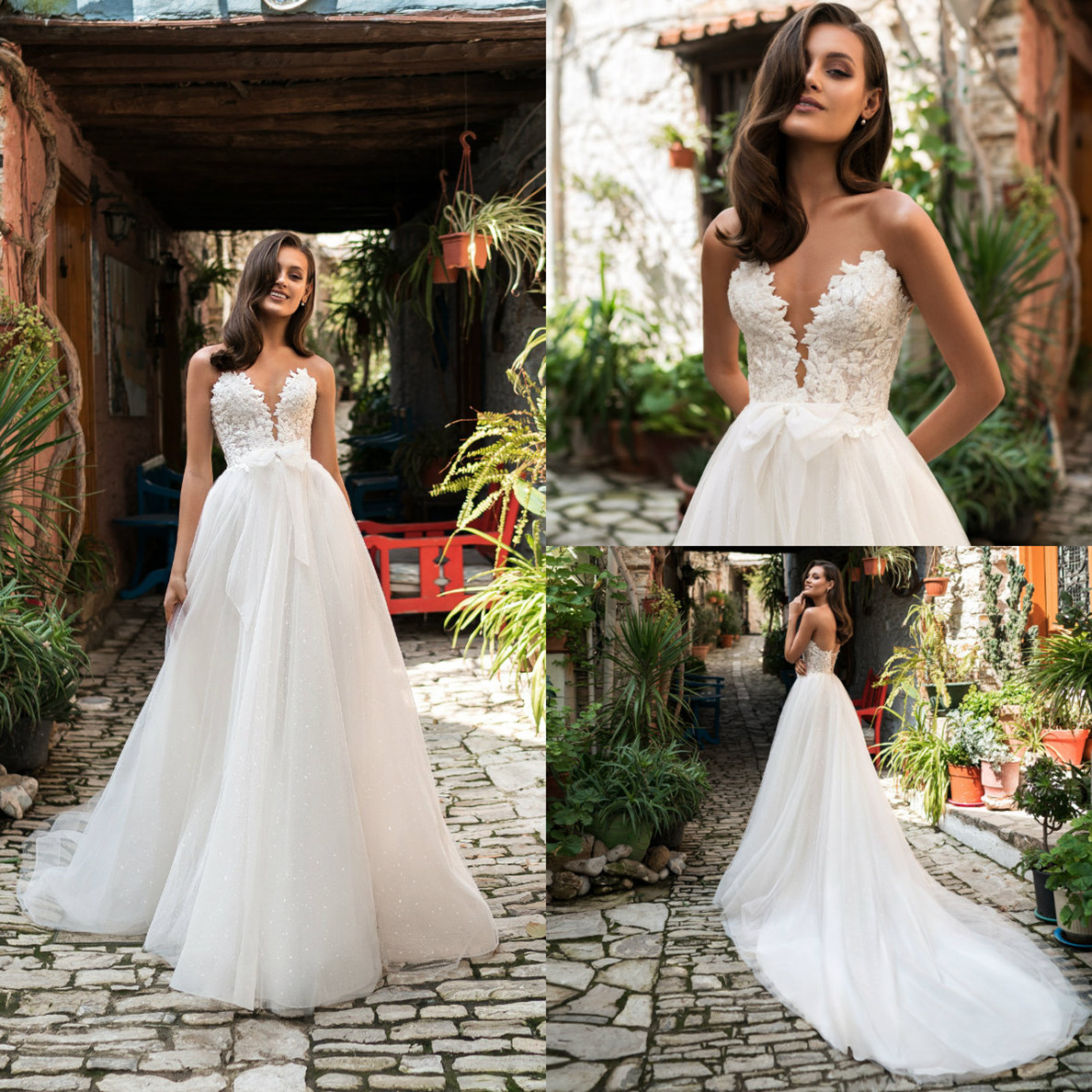 

2021 Lace Wedding Dresses Sweetheart Appliques Beach Bridal Gowns Lace-up Back Sweep Train A Line Wedding Dress Robe De Mariee, Champagne