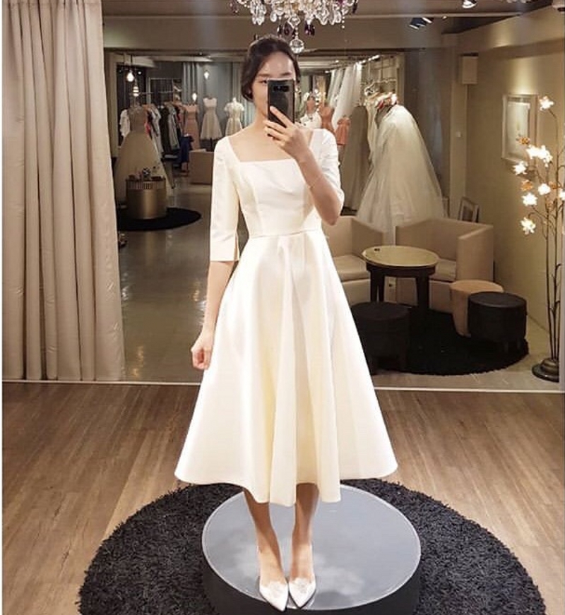 vestidos de novia Simple Square Tea Length Beach Wedding Dresses 2020 With Half Sleeves Summer Bridal Dress Cheap