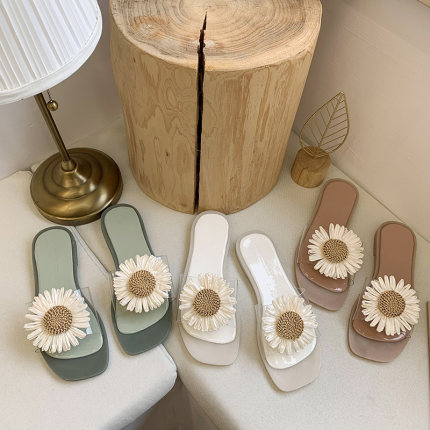 

Transparent little daisy net red slippers female super fire ins tide beach 2020 new summer fashion wet water sandals, Beige
