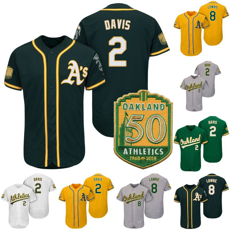 

#2 Khris Davis Jersey 50th Anniversary Patch 8 Jed Lowrie 100% Stitched Mens Womens Lady Youth Kids Custom Baseball Jerseys, 8 white