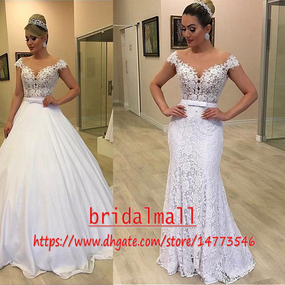 

Jewel Mermaid Lace Wedding Dresses With Detachable Skirt Bowknot 2020 Elegant African Bridal Dress Plus Size Wedding Gowns Vestidos de Novia, Black