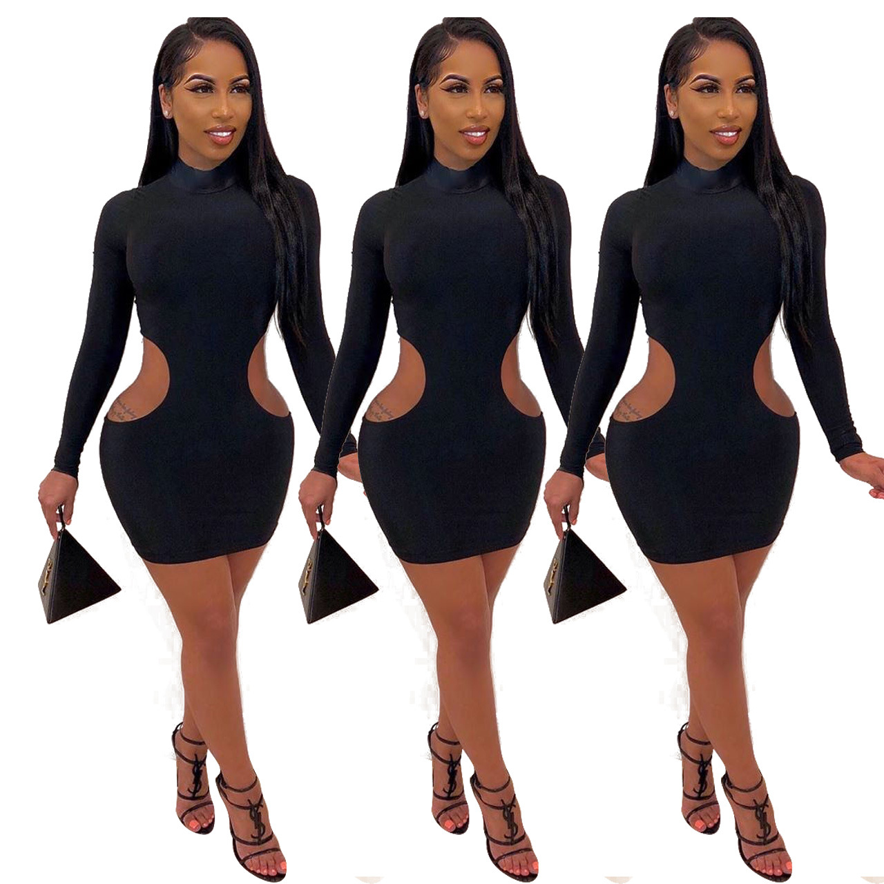 

New Style Women Dresses Sexy Long Sleeve Hollow Out Beading Bodycon Dress Solid Party Mini Skinny Turtleneck Dress Fashion Hot, Black