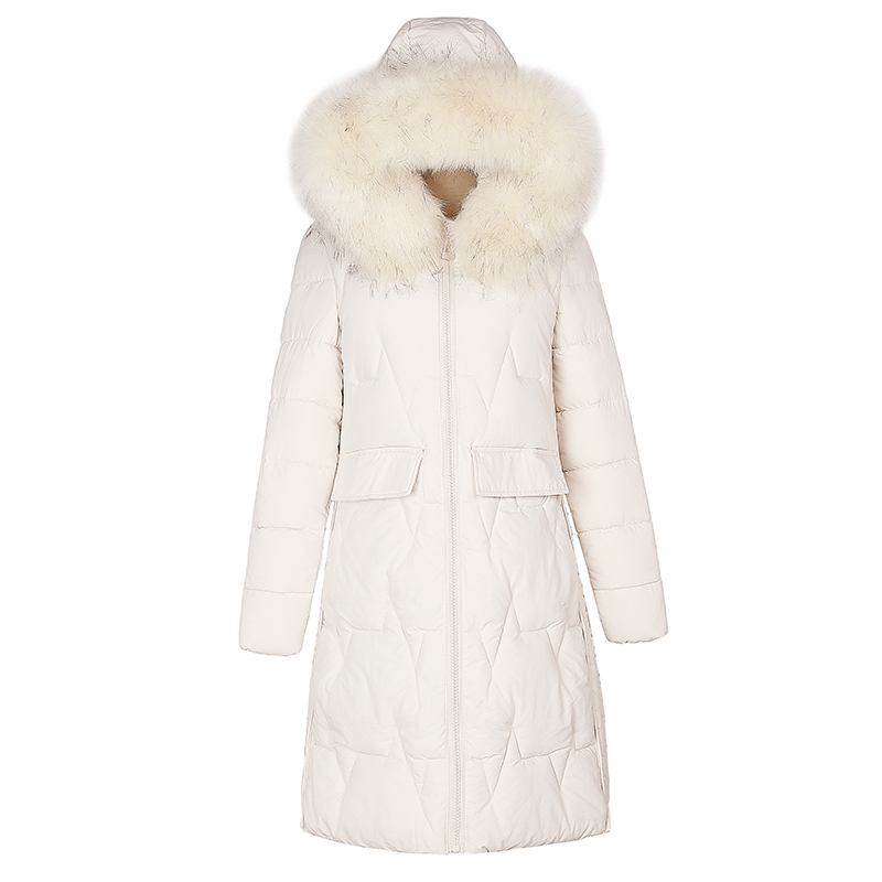 

Wholesale fashion winter women's long winter coat large fur collar warm jacket S-XL, Creamy-white