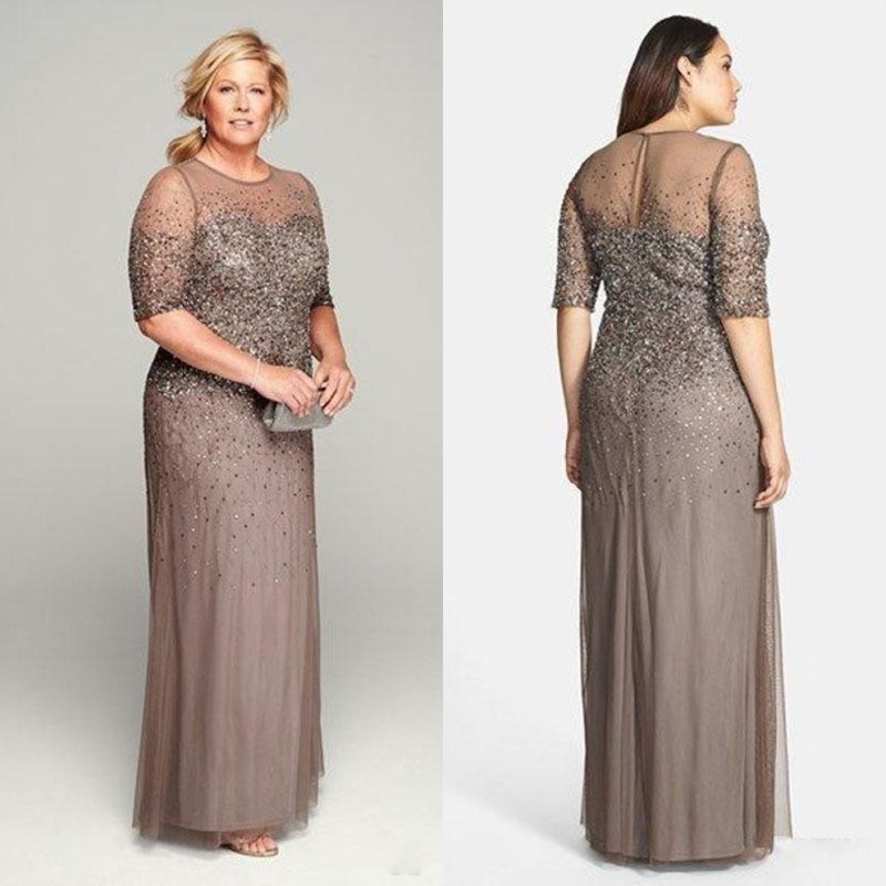 

Sheer Plus Size Mother of the Bride Groom Dresses with Short Sleeves Shiny Sequins Full Length Evening Gowns For Women