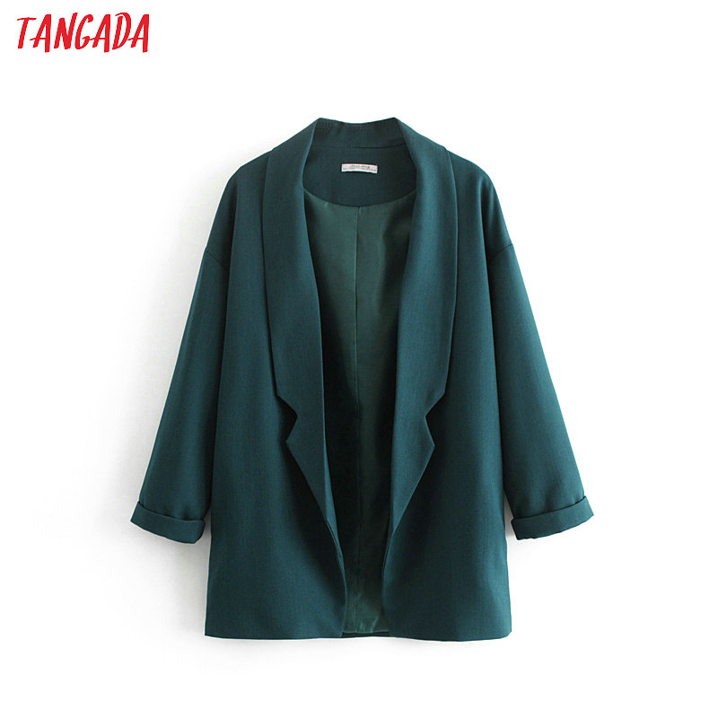 

Tangada women dark green elegant blazer chic lady spring blazer long sleeve coat female woman fashion korea outerwear tops DA33, Gray