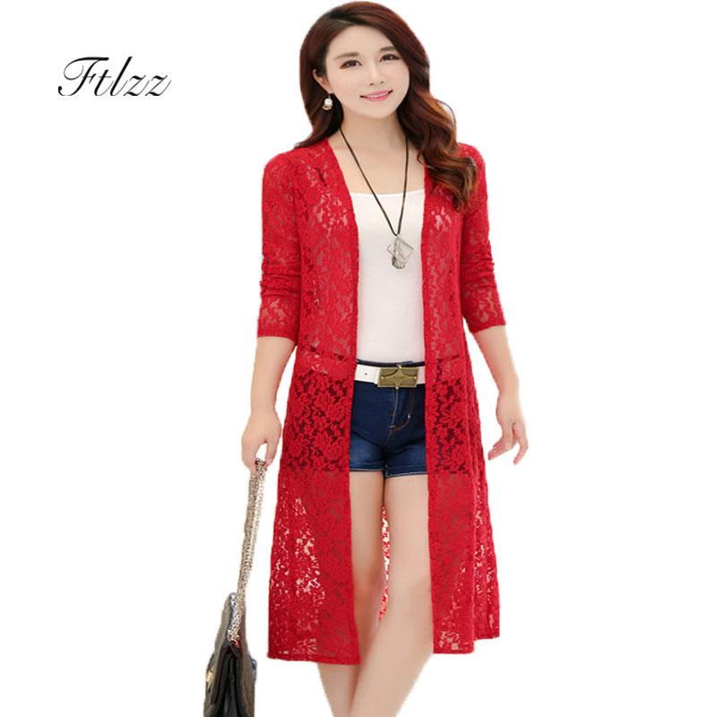 Summer Long Sleeve Thin Lace Jacket New 2018 Women Casual Medium Long Cardigan Ladies Slim White Black Outerwear Plus Size Coat