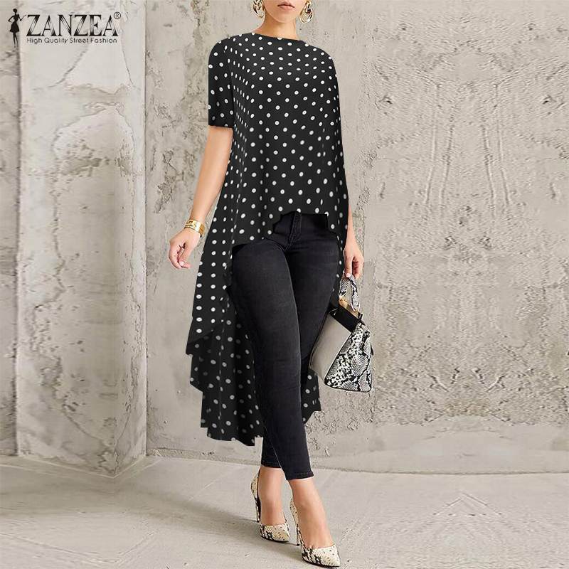 

Top Fashion 2020 ZANZEA Summer Tunic Tops Women Printed High Low Shirt Short Sleeve Polka Dot Blouse Female Long Blusas Chemise, Black