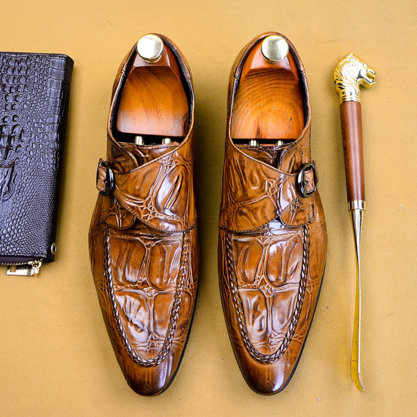 

Elegant Genuine Leather Formal Dress Man Monk Strap Runway Shoes Pointed Toe Belt Handmade Men's Modern Party Footwear, Black