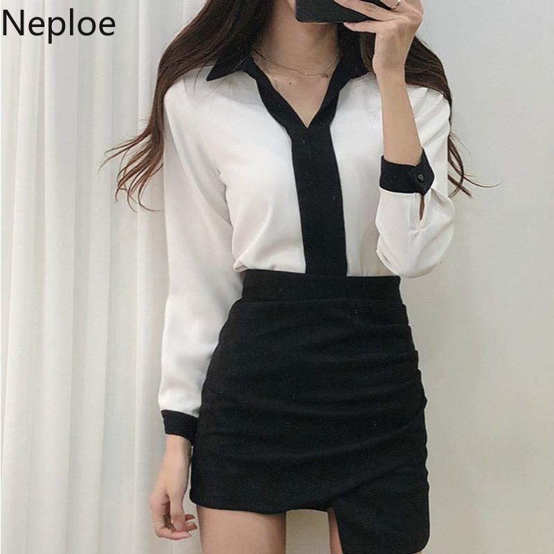 

Neploe Contrast Color chiffon Blouse Women Spring 2020 Korean Chic V Neck Long Sleeve Female Top Casual Office Lady Shirts 1A595, White
