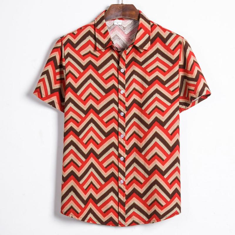 

men stripe Print Hawaiian Shirt Summer Plus Size Men Ethnic Colorful Stripe Short Sleeve Loose Shirt hawaiian streetwear#0318g30, Red