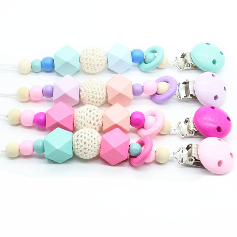 

Hot sale Baby Clip Chain Holder Wood Beaded Pacifier Soother Holder Clip Nipple Teether Dummy Strap Chain A4364