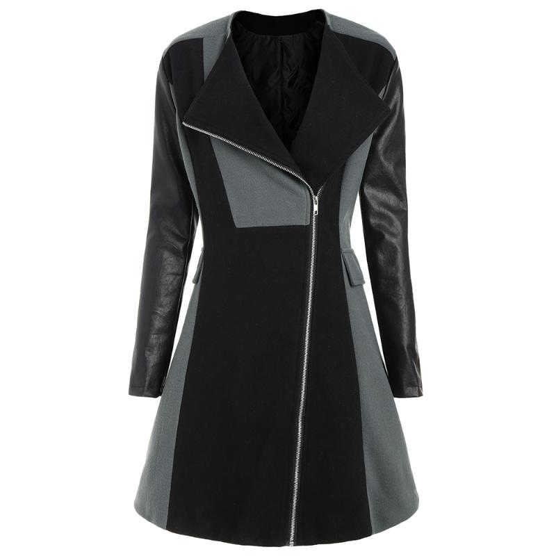 

Woolen Trench Coat Women Autumn Gray Plus Size 5XL Street Casual Windbreaker Goth PU Leather Sleeve Ladies Winter Long Overcoat