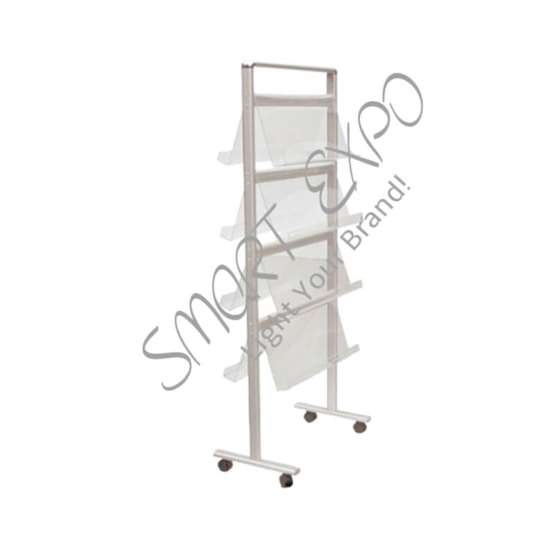 

Stairs Brochure Stand/Mobile Literature Rack with Lightweight Aluminum Frame 4pcs Acrylic Holders Base 360-degree Wheels