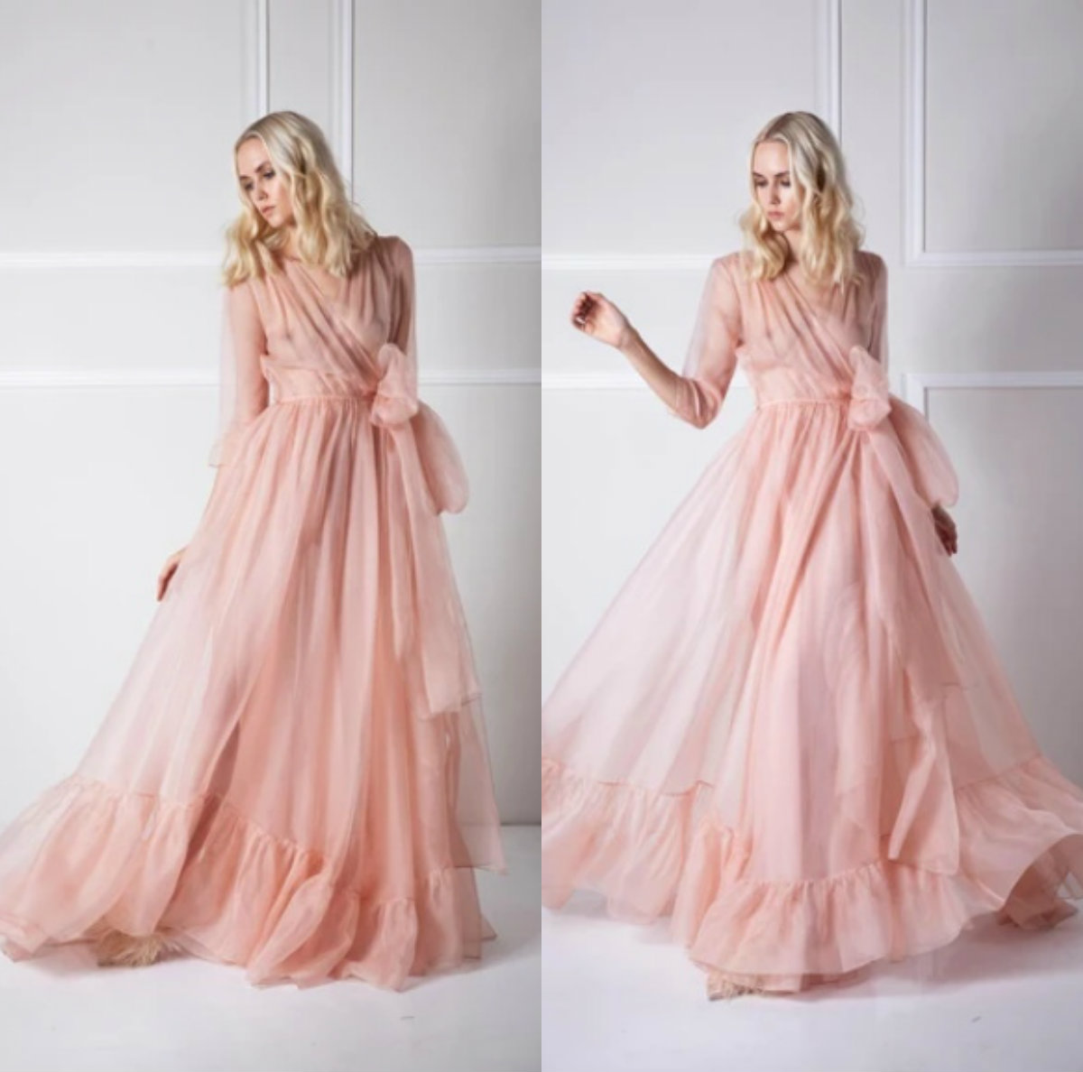 2020 Sexy Illusion Bathrobes for Women V Neck Ruffles A Line Sleepwear Night Robe Bathrobes Wedding Bride Robes Dressing Gown Pajamas