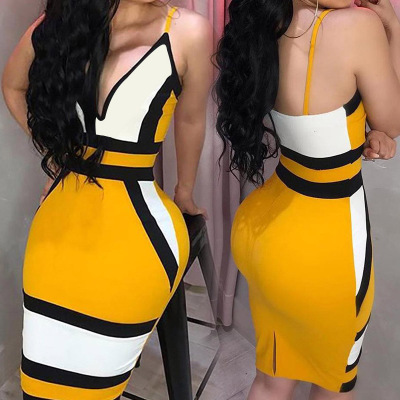 

Summer Suspender Dress Women Contrast Printing Skirts Womens Sexy Nightclub Skirts Popular Deep V Hip Dresses Hot Sale, Yellow