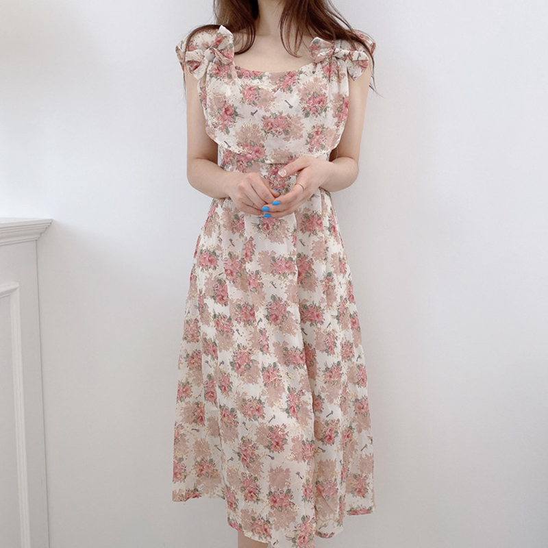 

[EWQ]2020 Summer Women Vintage Loose High Waist Square Collar Bow Hollow Out Maxi Dress Simple ladies robe casual runway dresses, As shown
