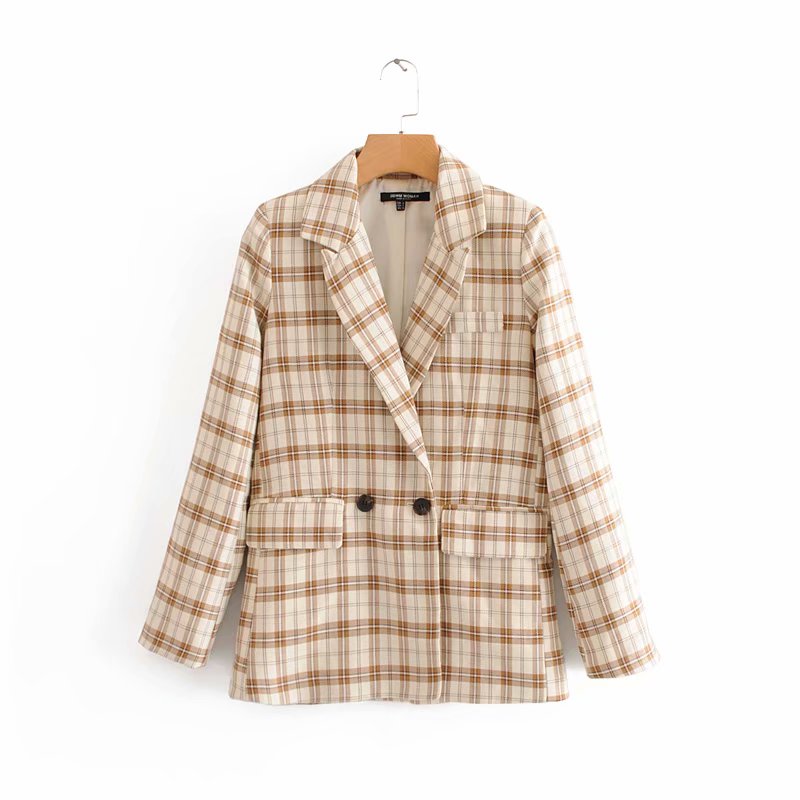 

Lattice Women Coat Long Outerwear Autumn Winter Clothing Fashion Warm Jacket Female Elegant Simple Suit Wild Coat, Beige