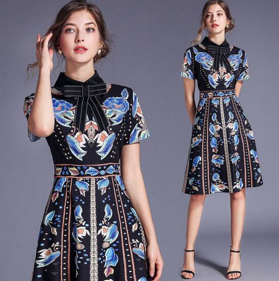 

Summer New Slim Lapel Print Bow A-Line Skirt, Black
