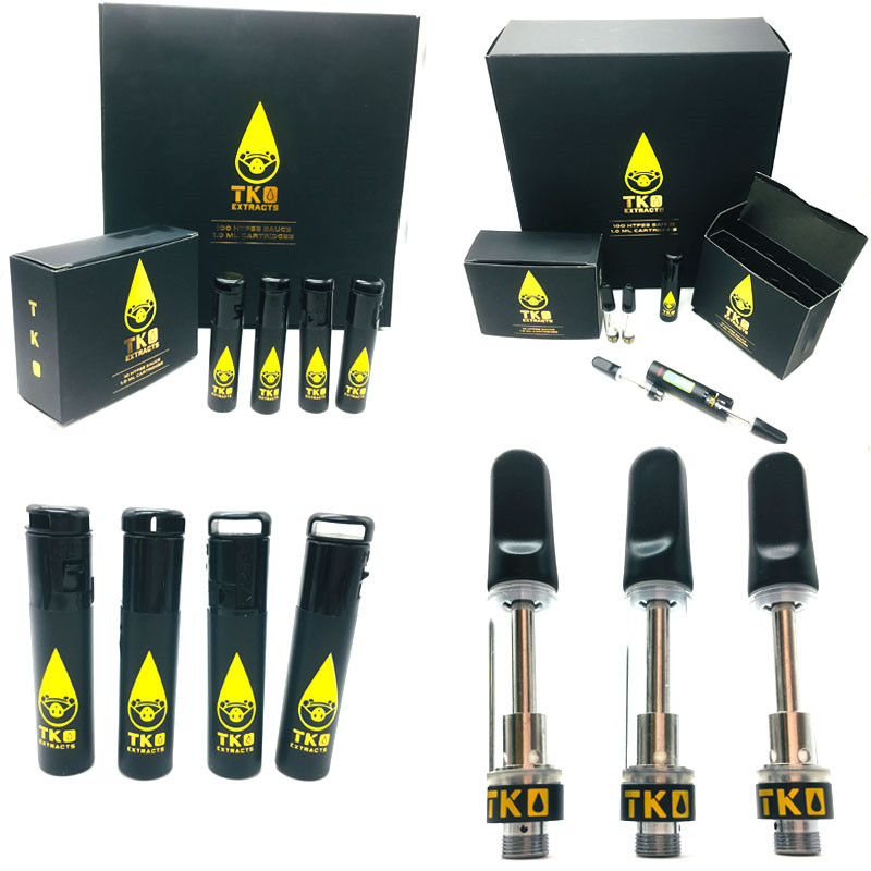

Black TKO Extracts Cartridges 0.8ml Carts Empty Vape Pen Packaging Thick Oil 2mm Holes 510 Ceramic Vaporizer Atomizer Vaper Tank Rubber Tips