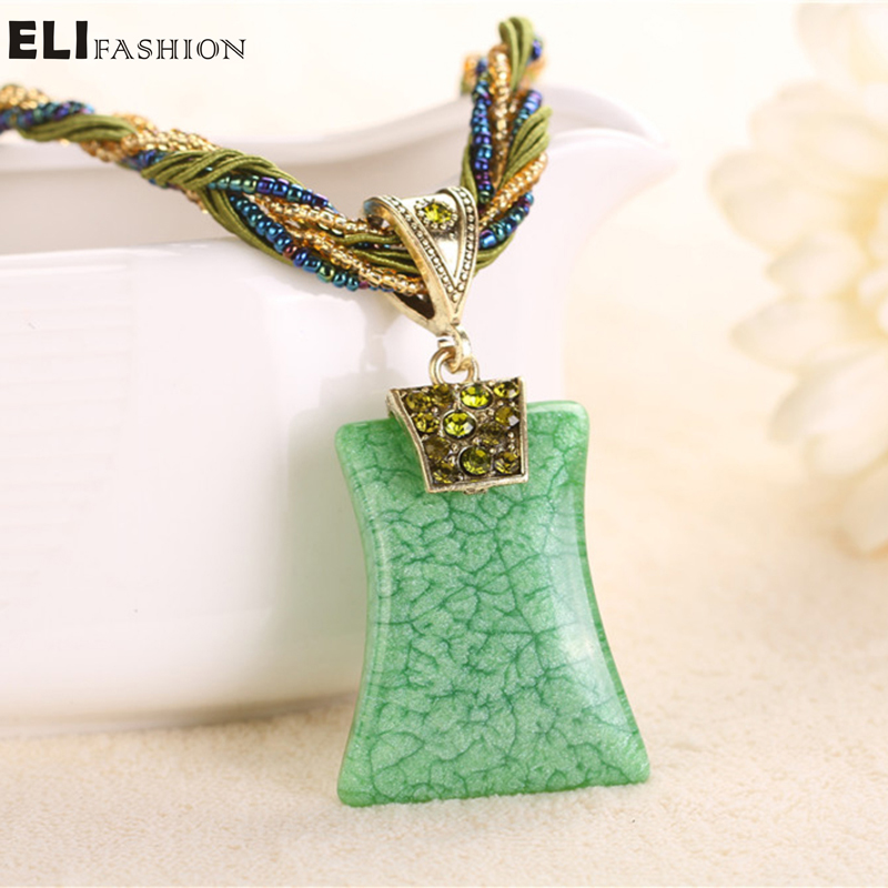 

ELIfashion Retro Bohemia Necklace Curve Square Crystal Bohemia Style Pendant Multilayer Beads Chain Necklace for Women 6 Colors