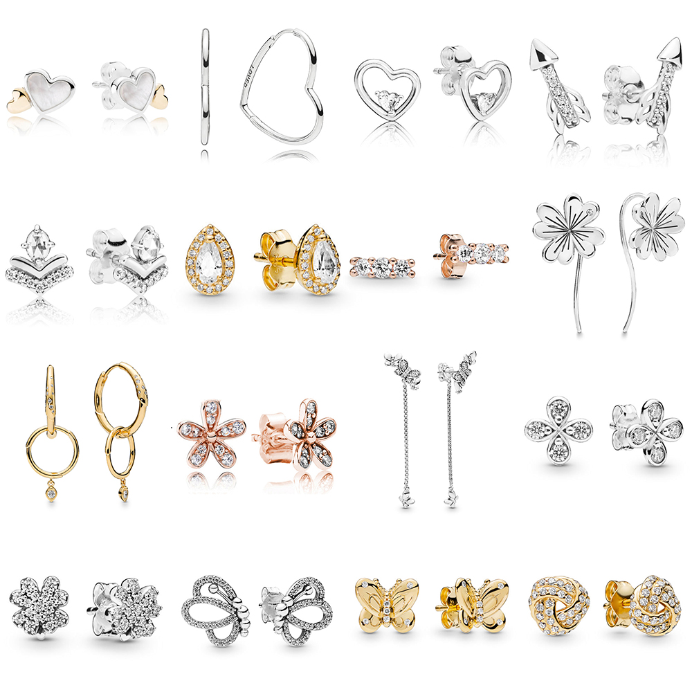 

2019 NEW 100% 925 Sterling Silver Shine pandora Flower Stem Small Asymmetric Hearts of Love Hoop Earring Fit DIY Women Original Jewelry