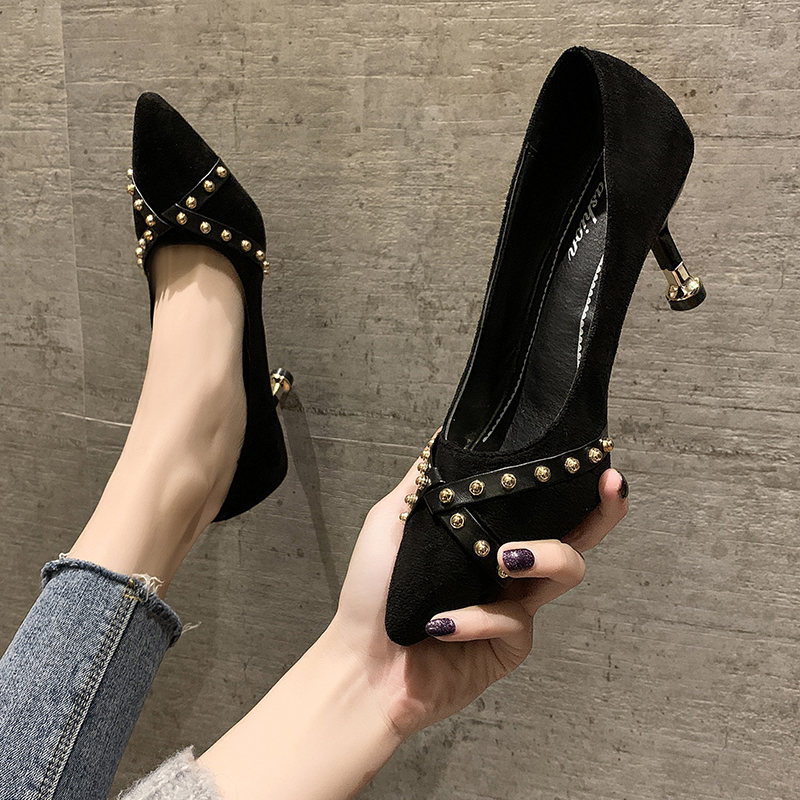

Branded Pumps Black Heel Shoe Fine Heeled Shoes Casual Heels Pointed Wedge Lace-up Shallow Mouth Rivets Slip All-Match
