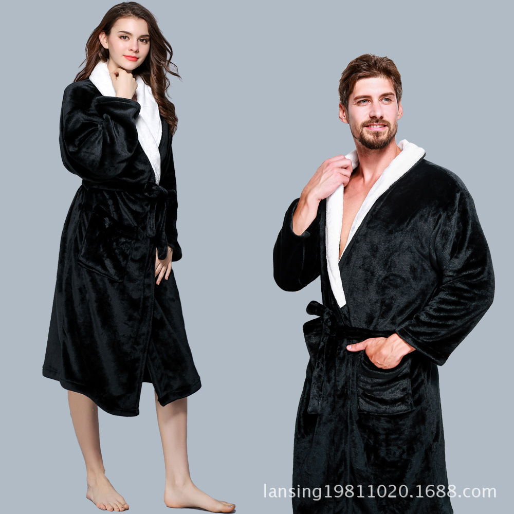 

Flannel Winter Couple Robe Warm Bath Robe Home Clothes  And L Size 1610, Black