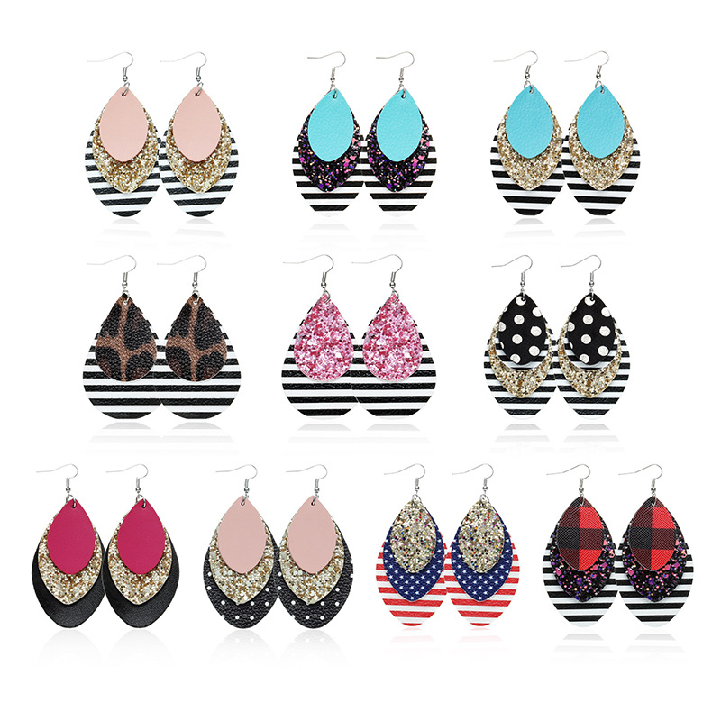 

S894 Fashion Jewelry Multi-layer Sequined PU Leather Earrings Faux Leather Dangle Earrings