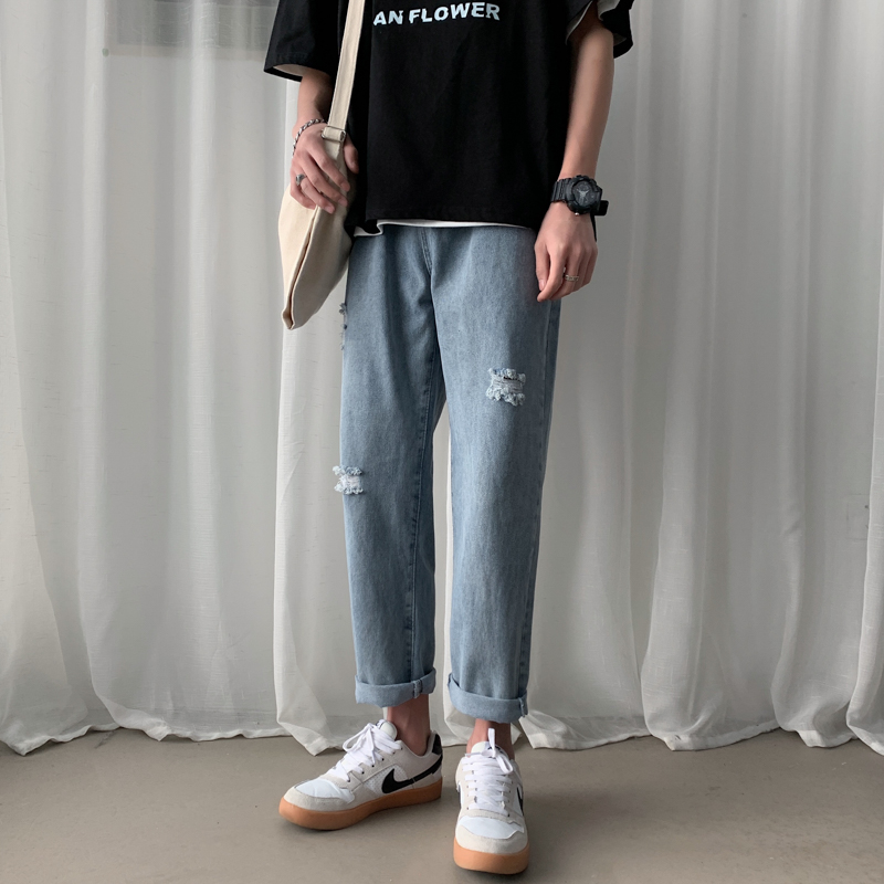 

Summer Jeans Men Streetwear 2020 Loose Mens Ripped Jeans Ankle Length All Match Casual Wide Leg For Men Black/Blue 3XL