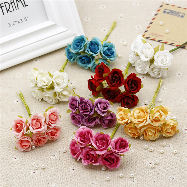 

6pcs/lot 2cm Silk Artificial Rose Flower Bouquet for Wedding Decoration Scrapbooking Decorative Wreath DIY Craft Flower, Blue